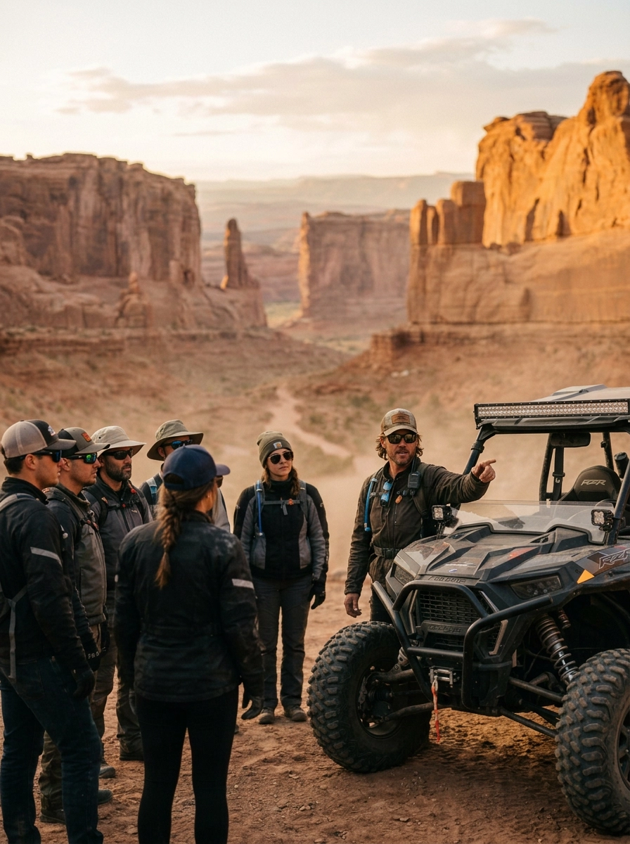 Trail guide briefing a group before a guided trail